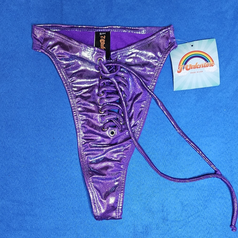 Discontinued J. Valentine Purple holographic Oily Wet Look Lace Up Bottom S/M